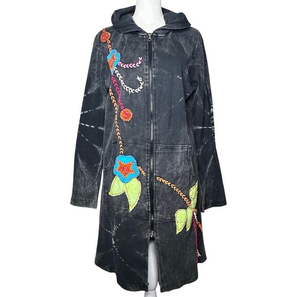 Rising International Y2K Embroidered Long Line Jacket Grey Hoodie XL Zip Cotton - Picture 1 of 10